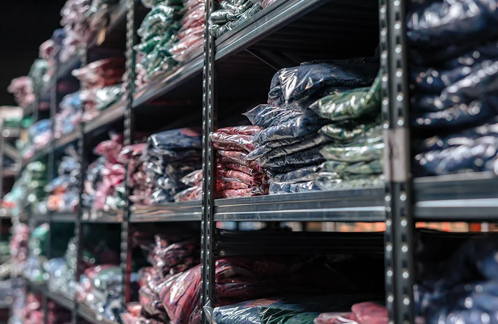 Stellingen met kleding van webshops in het magazijn van HEGO Fulfilment