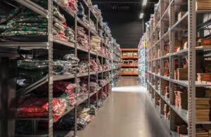 Lang gangpad met stellingen in het fulfilmentcentrum van HEGO Fulfilment