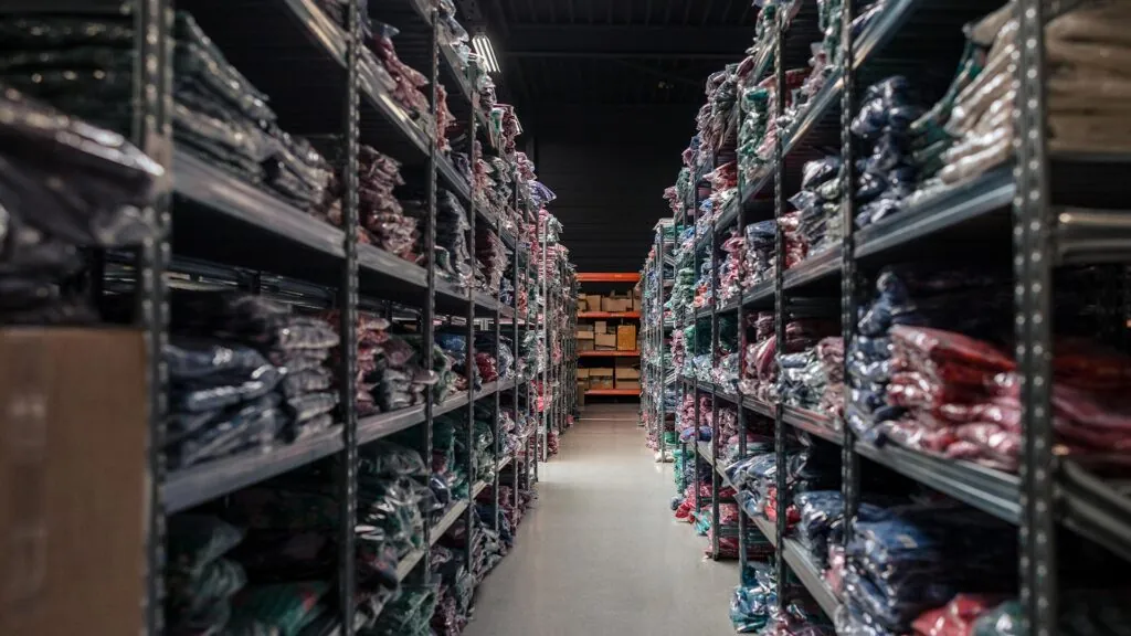 Stellingen met verpakte producten in het magazijn van HEGO Fulfilment